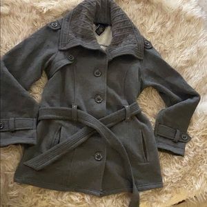 Sebby belted jacket with sweater detail collar.